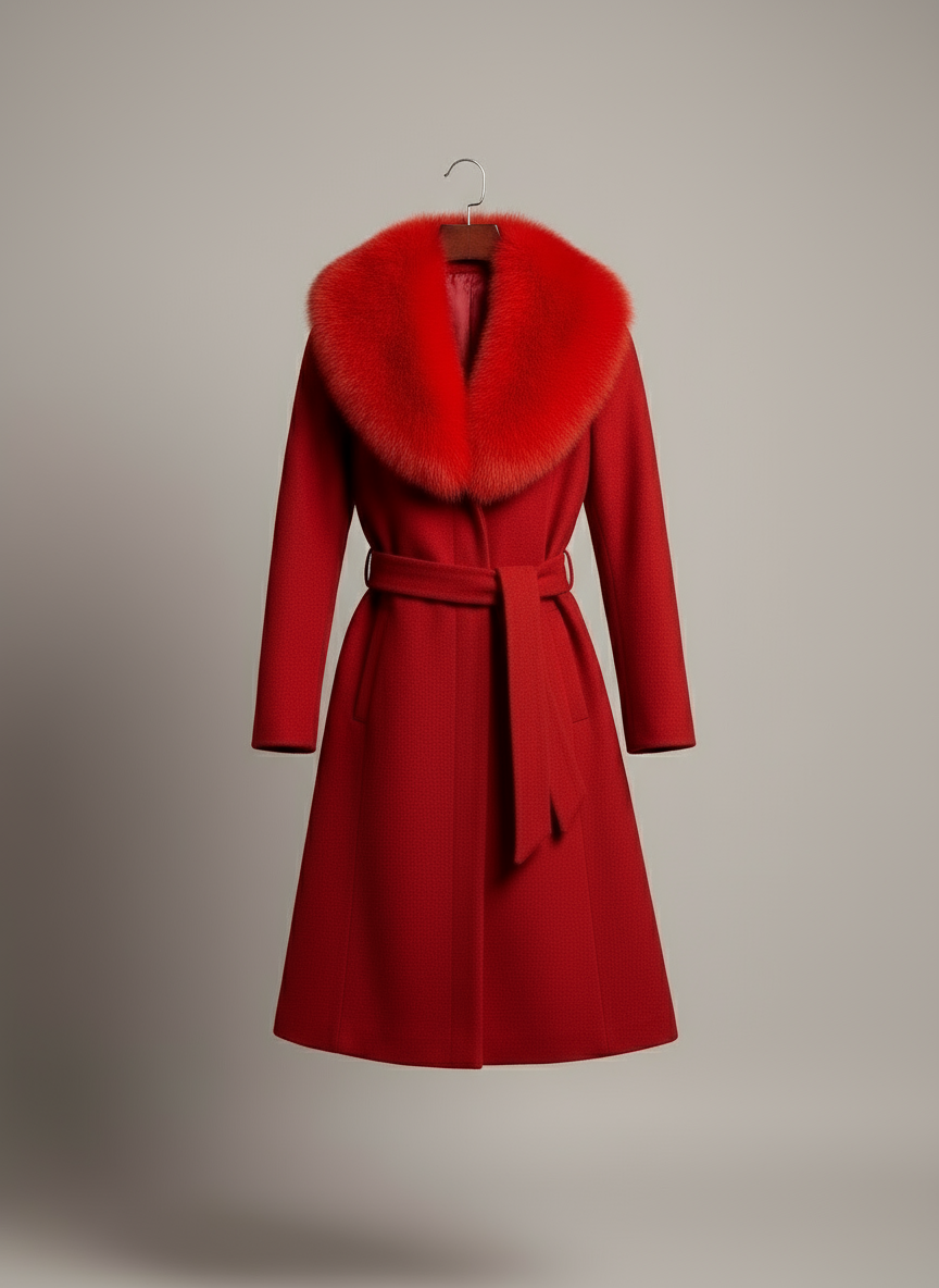 Palton din stofa Letitia, Rosu cu blana la guler