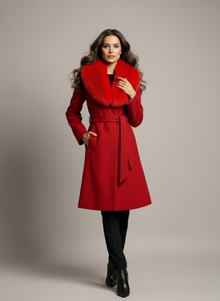 Palton din stofa Letitia, Rosu cu blana la guler