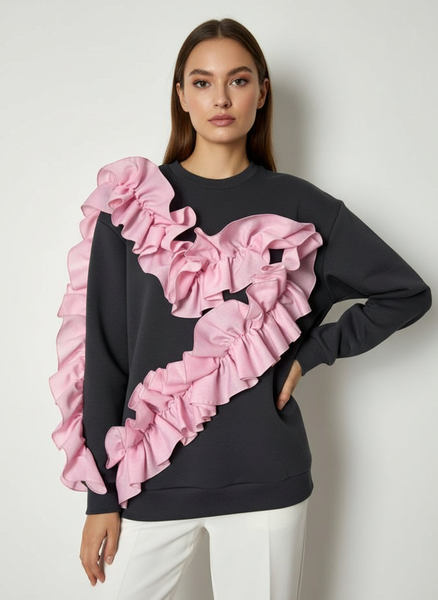 Ruffle Love Grey – bluza damă cu volane | ETHERA