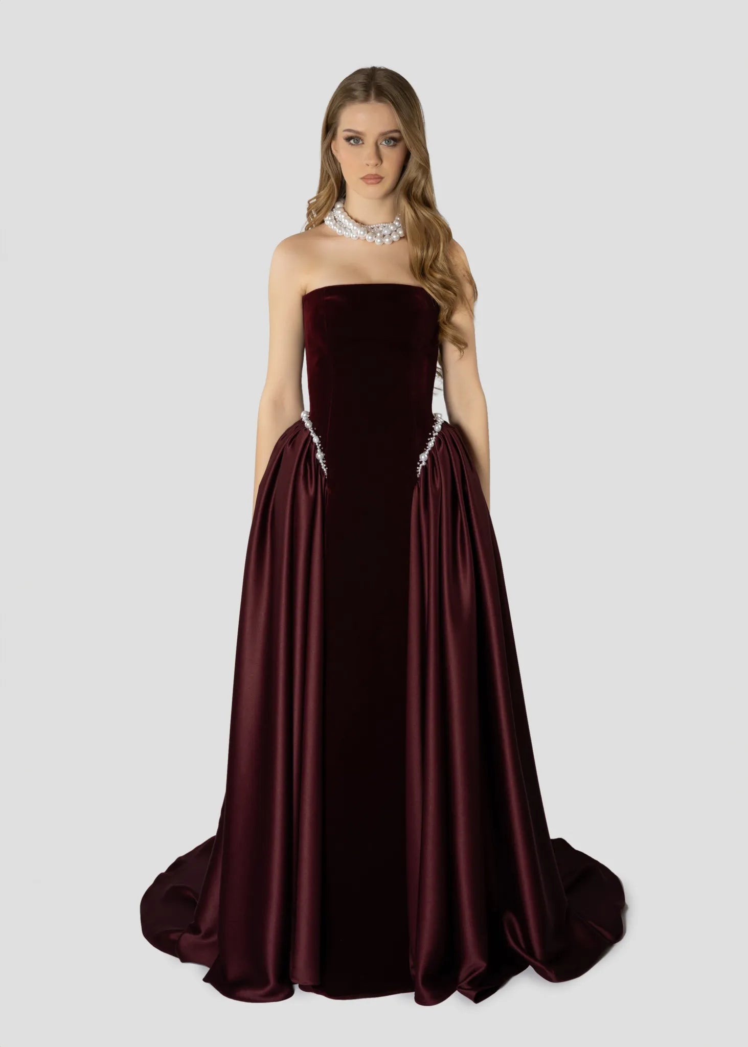 Anastassia Dress, Burgundy Velvet and Pearls, Limited Edition