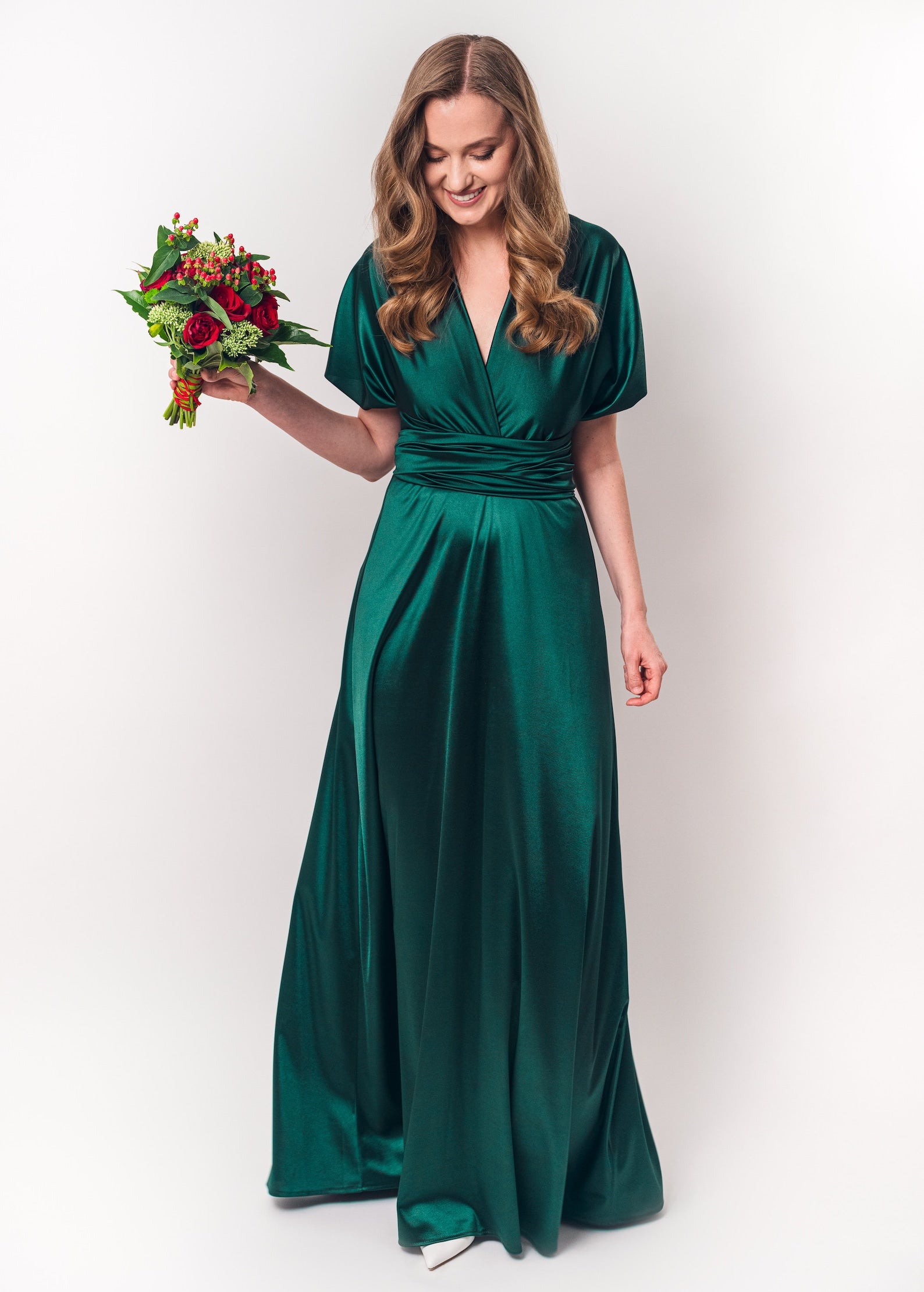 Rochie Lunga din Satin, Domnisoare de Onoare, Verde Smarald