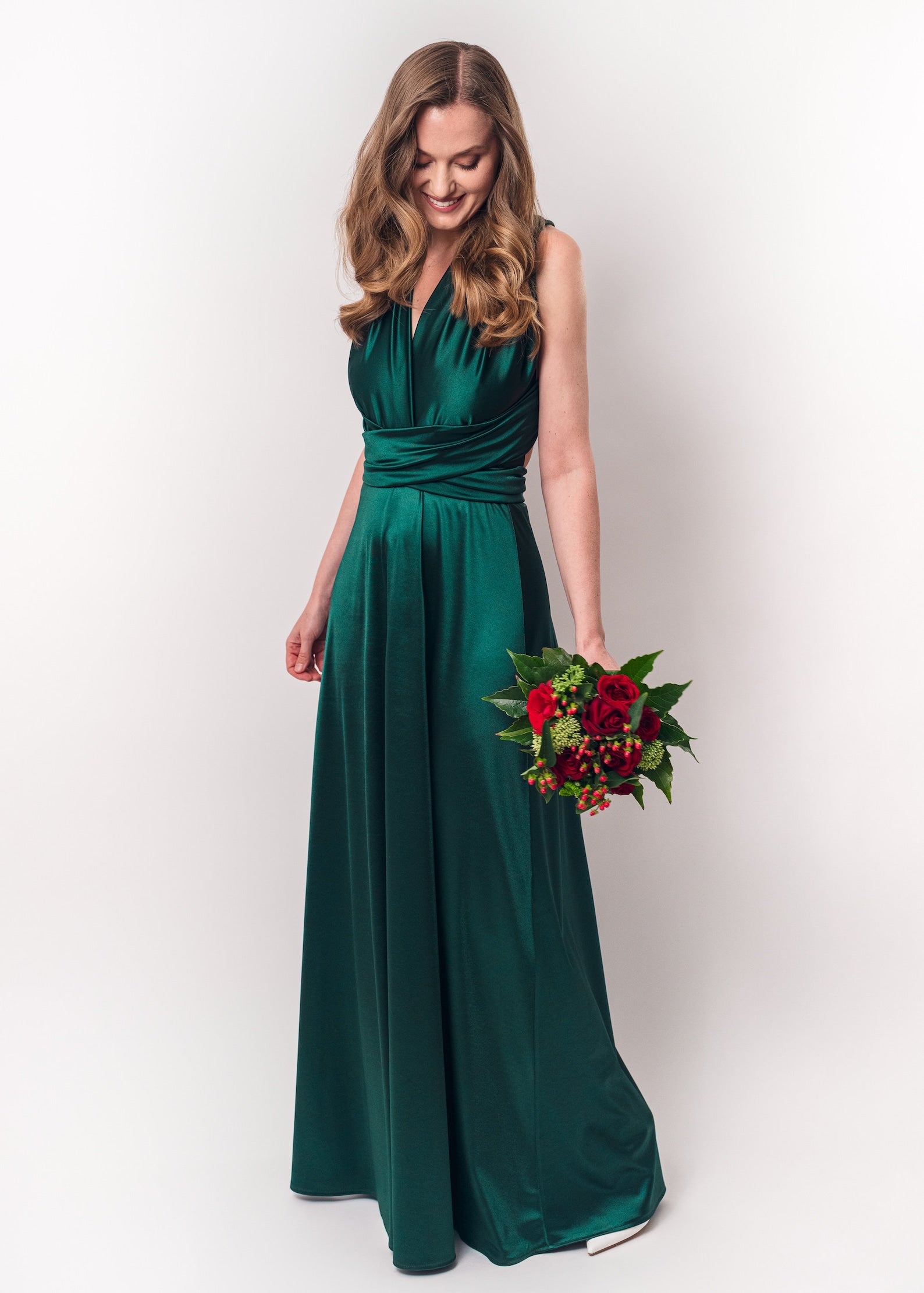 Rochie Lunga din Satin, Domnisoare de Onoare, Verde Smarald