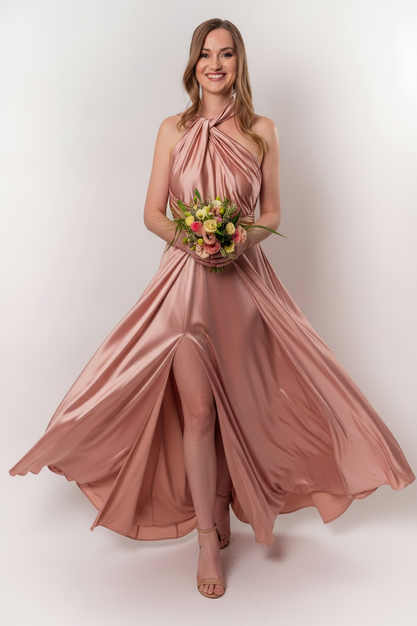 Rochie Domnisoare de Onoare Convertibila, Lunga din Satin, Roz
