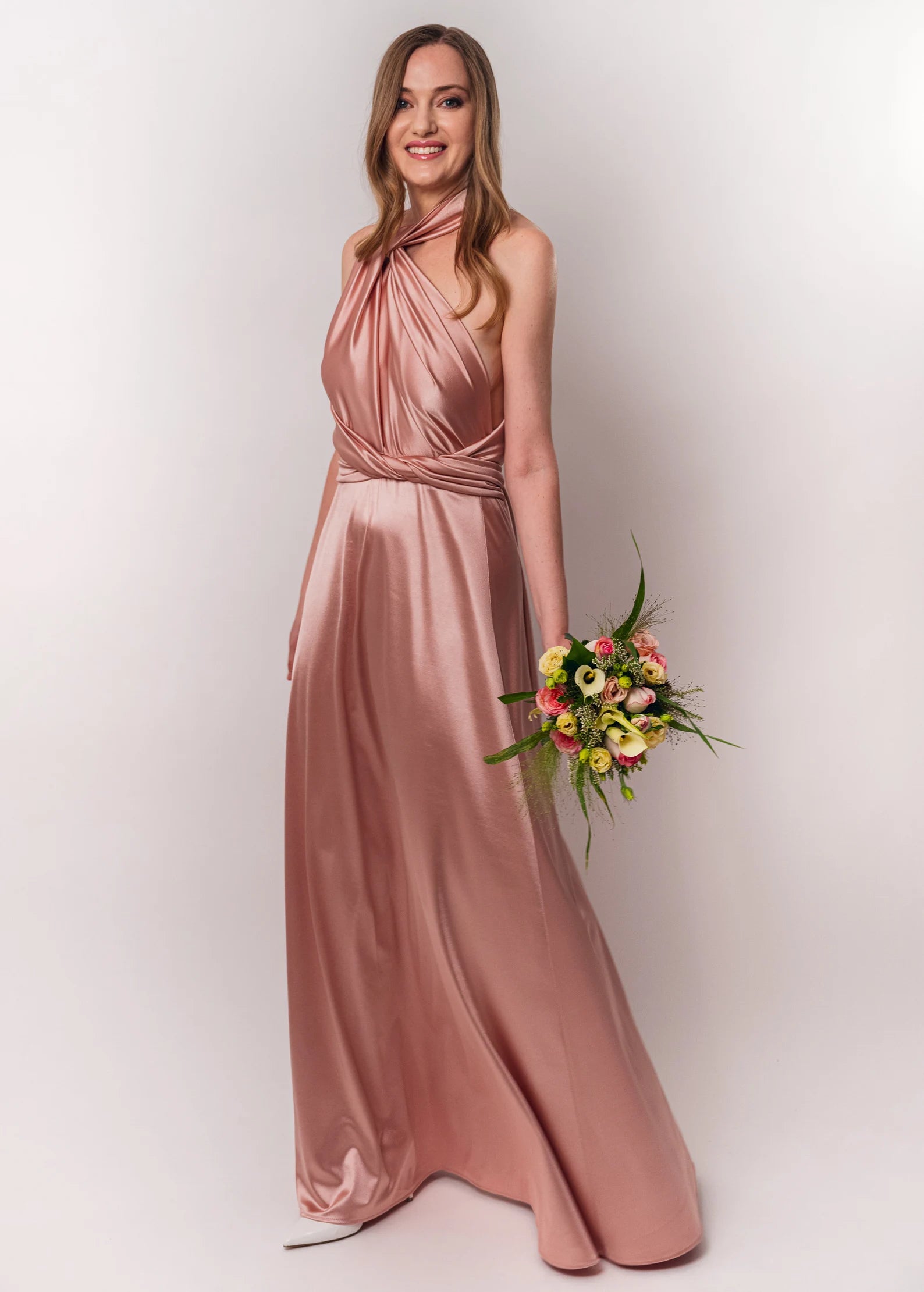 Rochie Lunga din Satin, Domnisoare de Onoare, Roz Prafuit