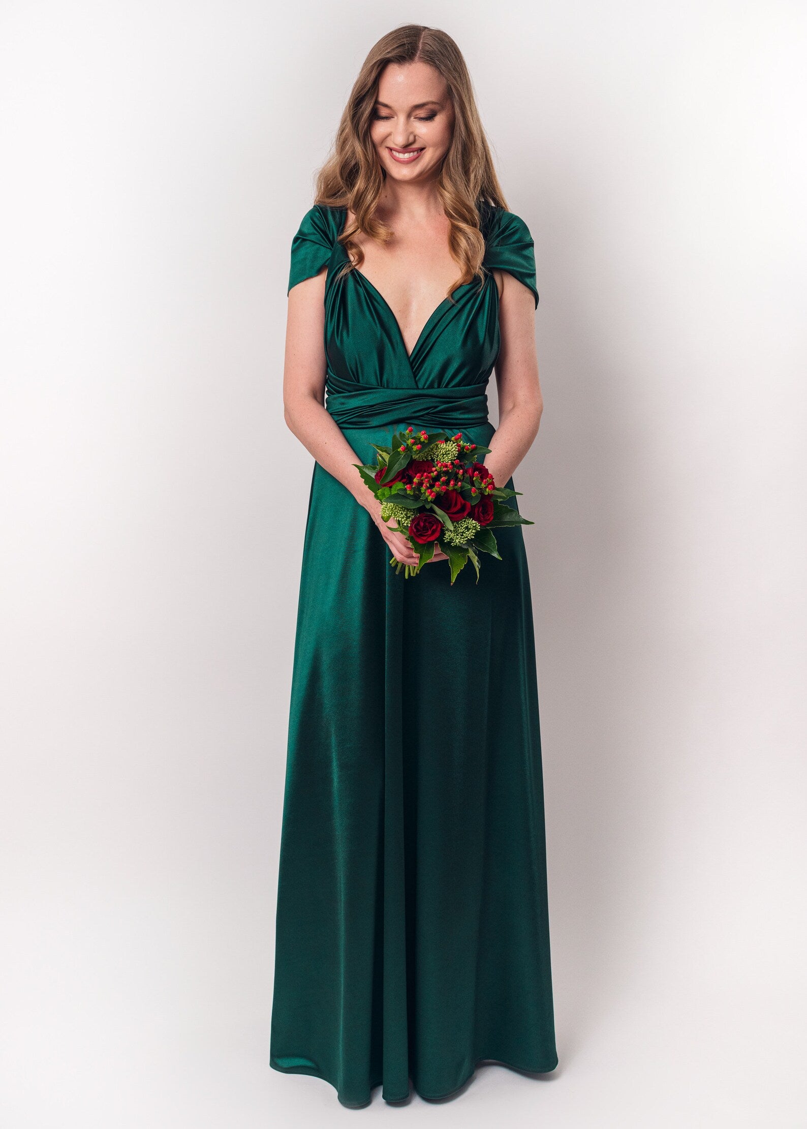 Rochie Lunga din Satin, Domnisoare de Onoare, Verde Smarald