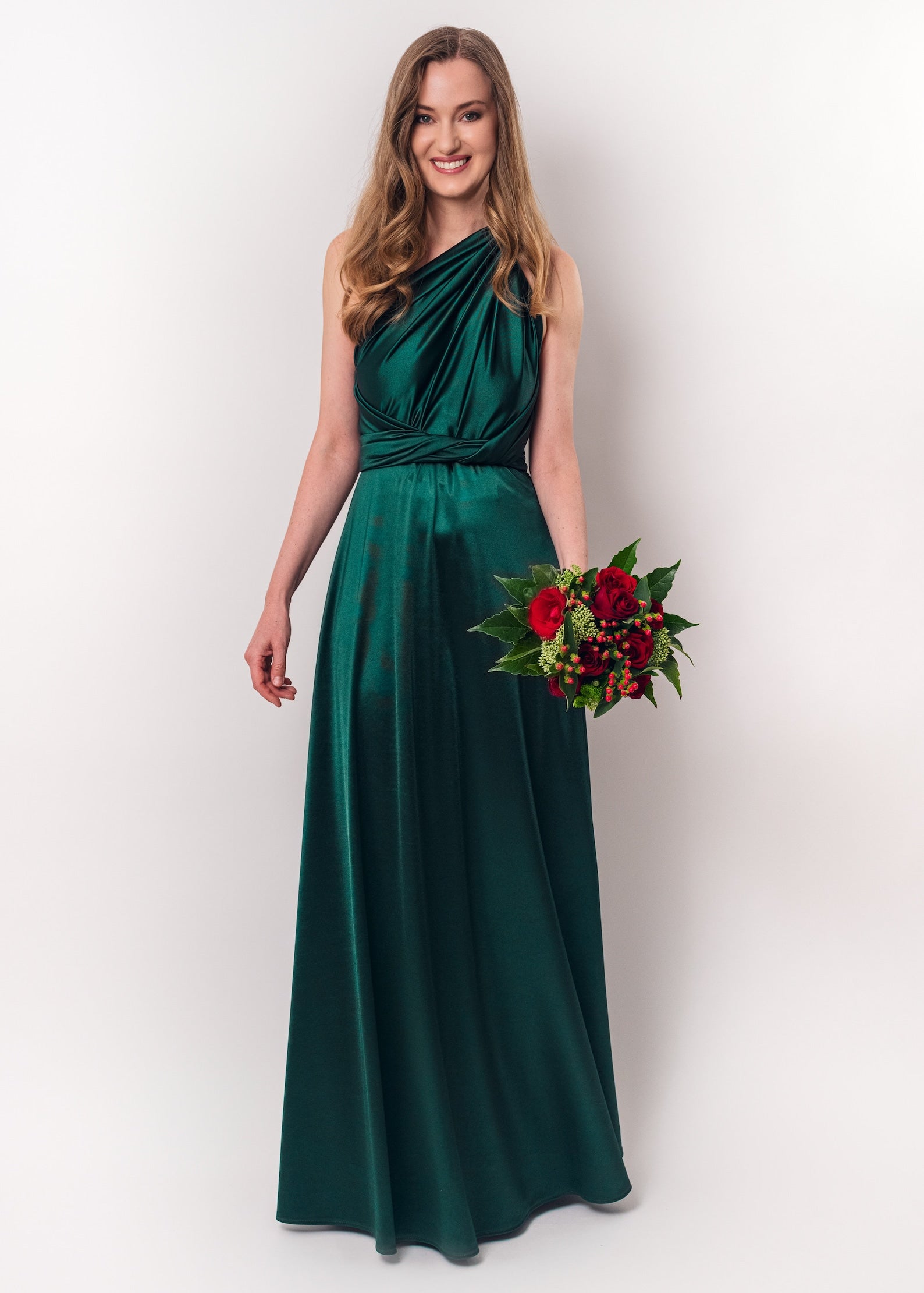Rochie Lunga din Satin, Domnisoare de Onoare, Verde Smarald