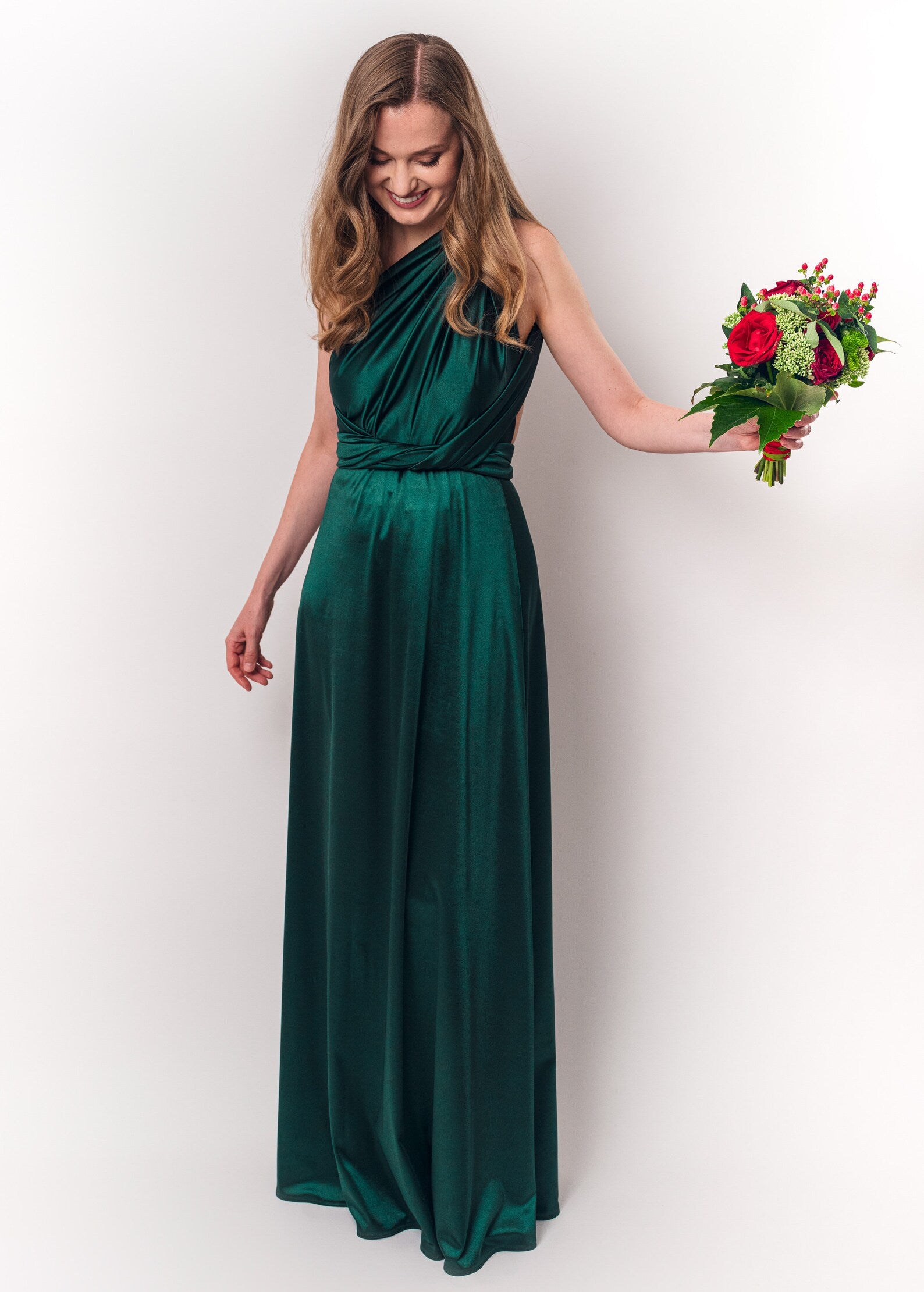 Rochie Lunga din Satin, Domnisoare de Onoare, Verde Smarald