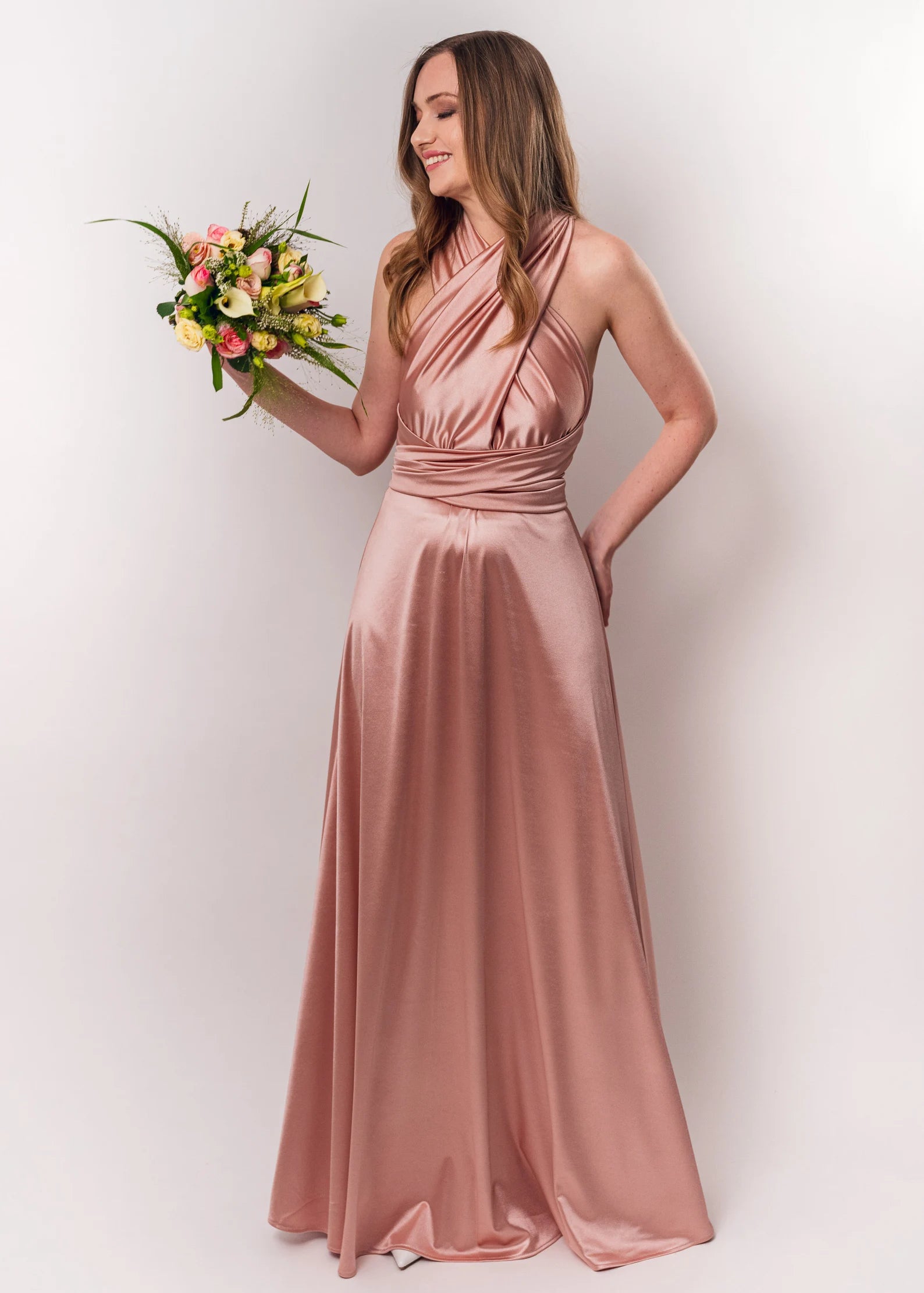 Rochie Lunga din Satin, Domnisoare de Onoare, Roz Prafuit