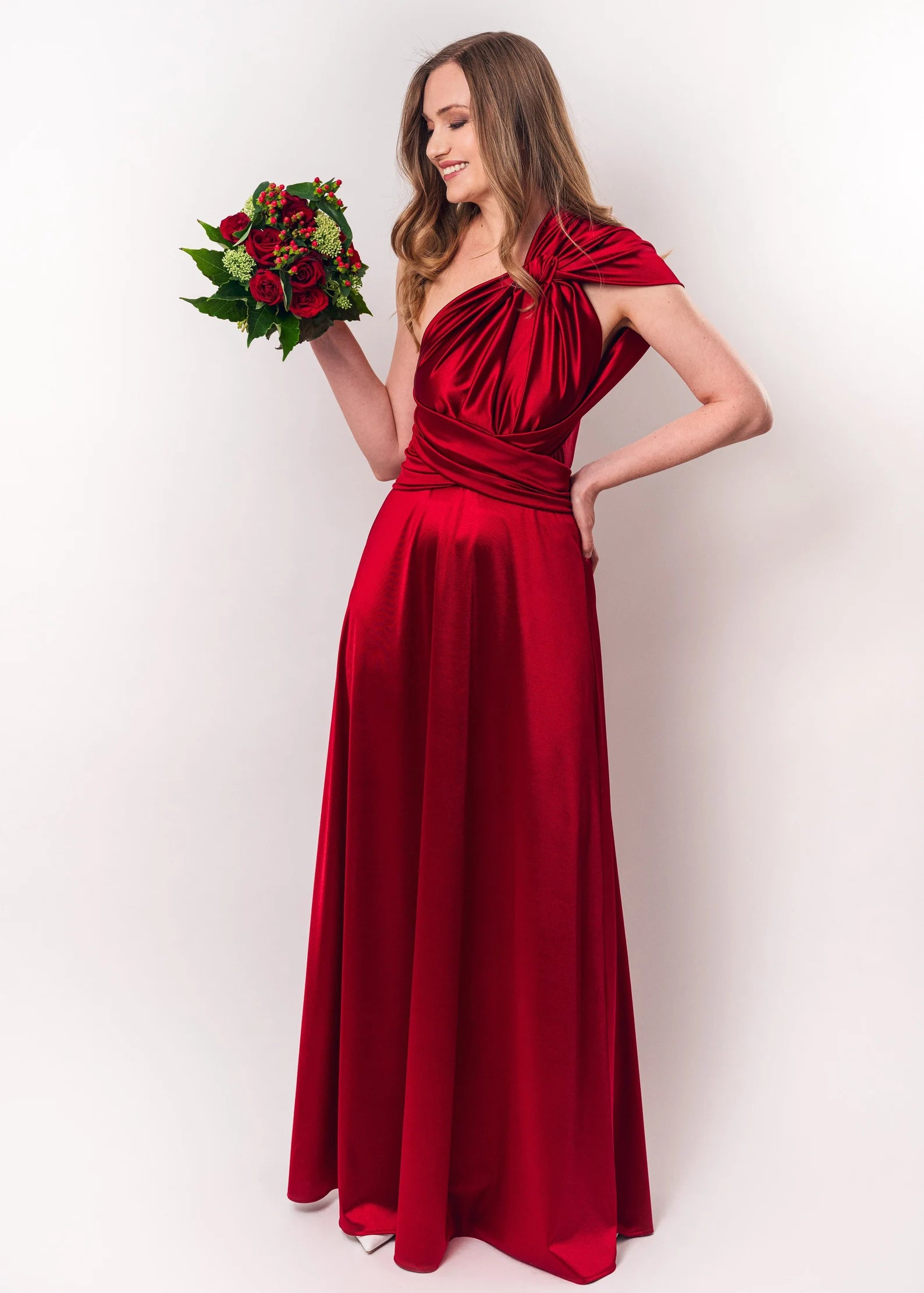 Rochie Lunga din Satin, Domnisoare de Onoare, Rosu
