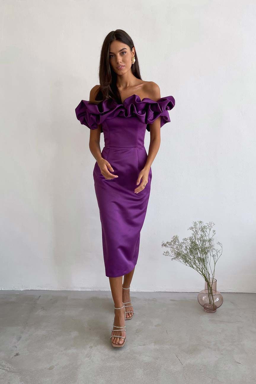 Rochie Mystic, Long Variant, Satin Cotton Fabric, Event Ruffles Dress, Orchid Purple