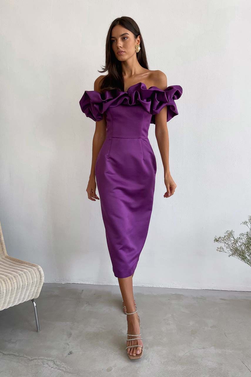 Rochie Mystic, Long Variant, Satin Cotton Fabric, Event Ruffles Dress, Orchid Purple