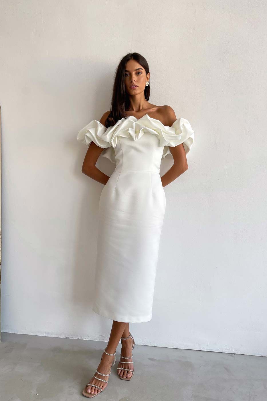 Rochie Mystic, Long Variant, Satin Cotton Fabric, Event Ruffles Dress, White Pearl