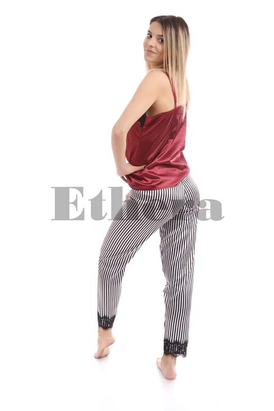 Pijama Scarlet Stripe, Finest Satin Fabric, Cherry Red