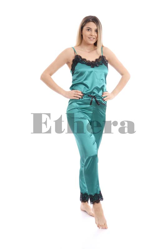 Pijama Belle Chic, Shiny Satin Fabric, Emerald Green